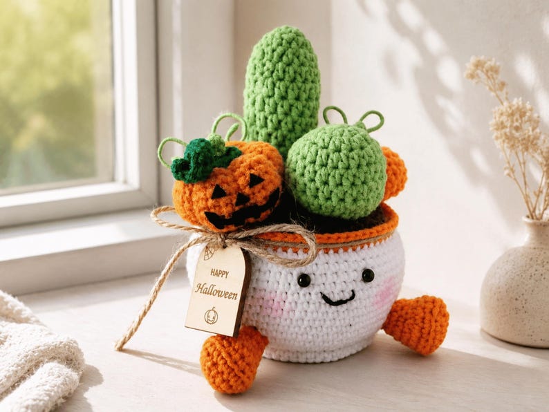 Pumpkin Crochet Cactus Pot — handmade product image 3