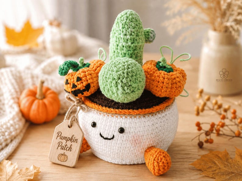 Pumpkin Crochet Cactus Pot — handmade product image 1